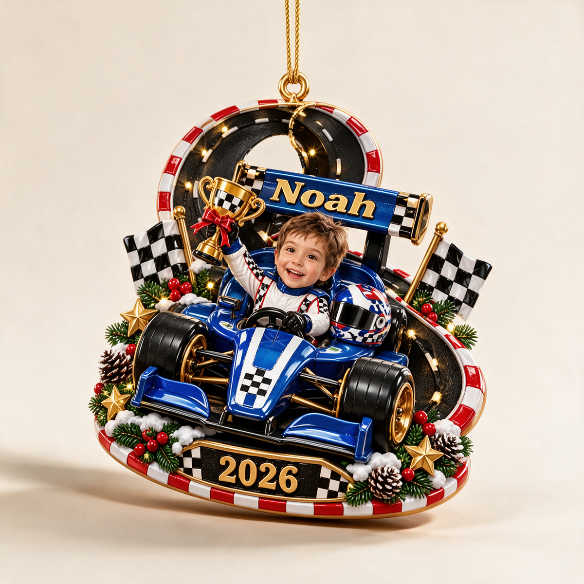 Personalized Custom Photo Race Car 3D Ornament - 2026 Christmas Gift for Boys