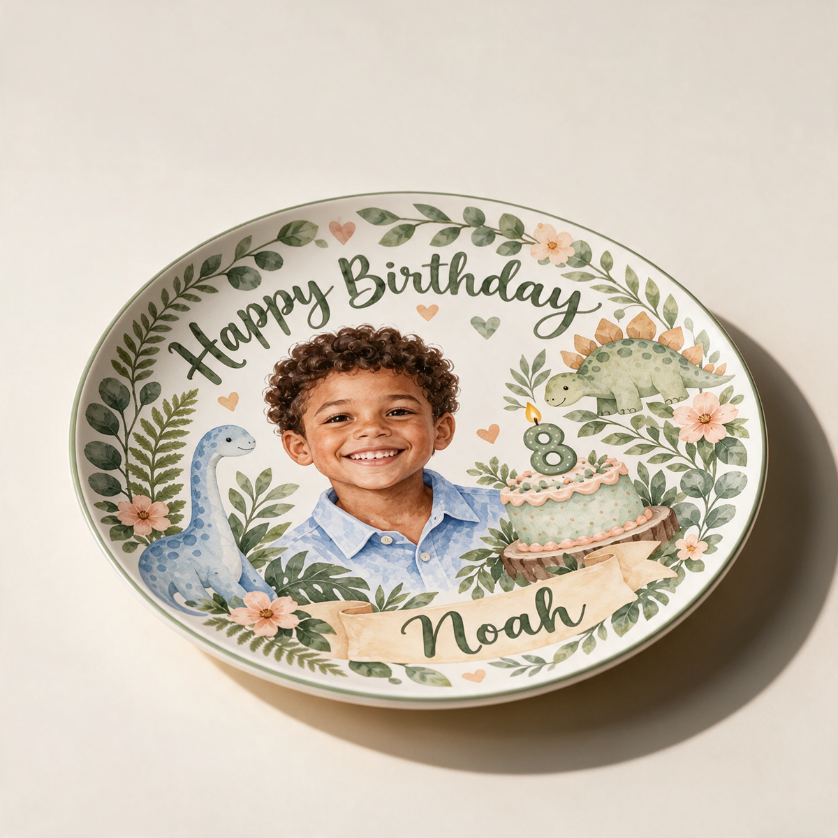 Personalized Dinosaur Birthday Ceramic Plate - Watercolor Portrait, Custom Name and Age
