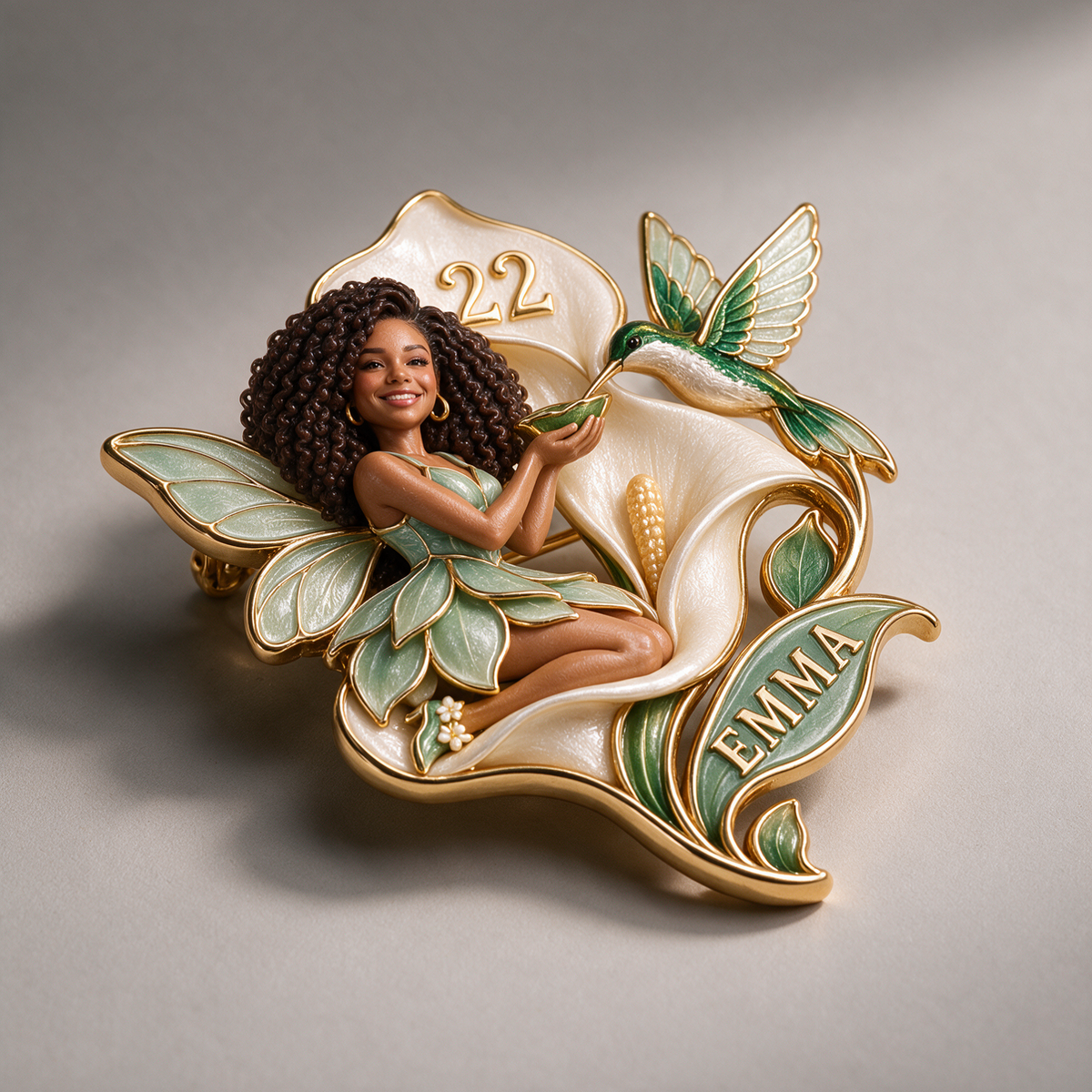 Personalized Birthday Hummingbird Brooch - Fairy Portrait, Calla Lily, Name and Age