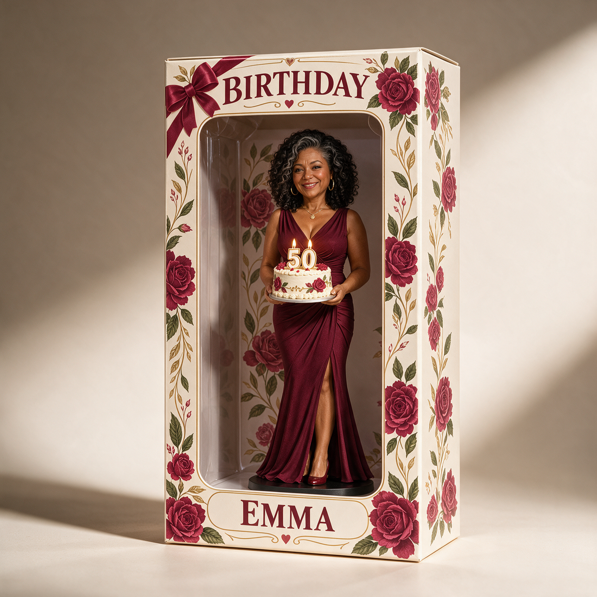 Boîte d'affichage en figurine de rose rouge personnalisée - Cadeau d'anniversaire pour femmes