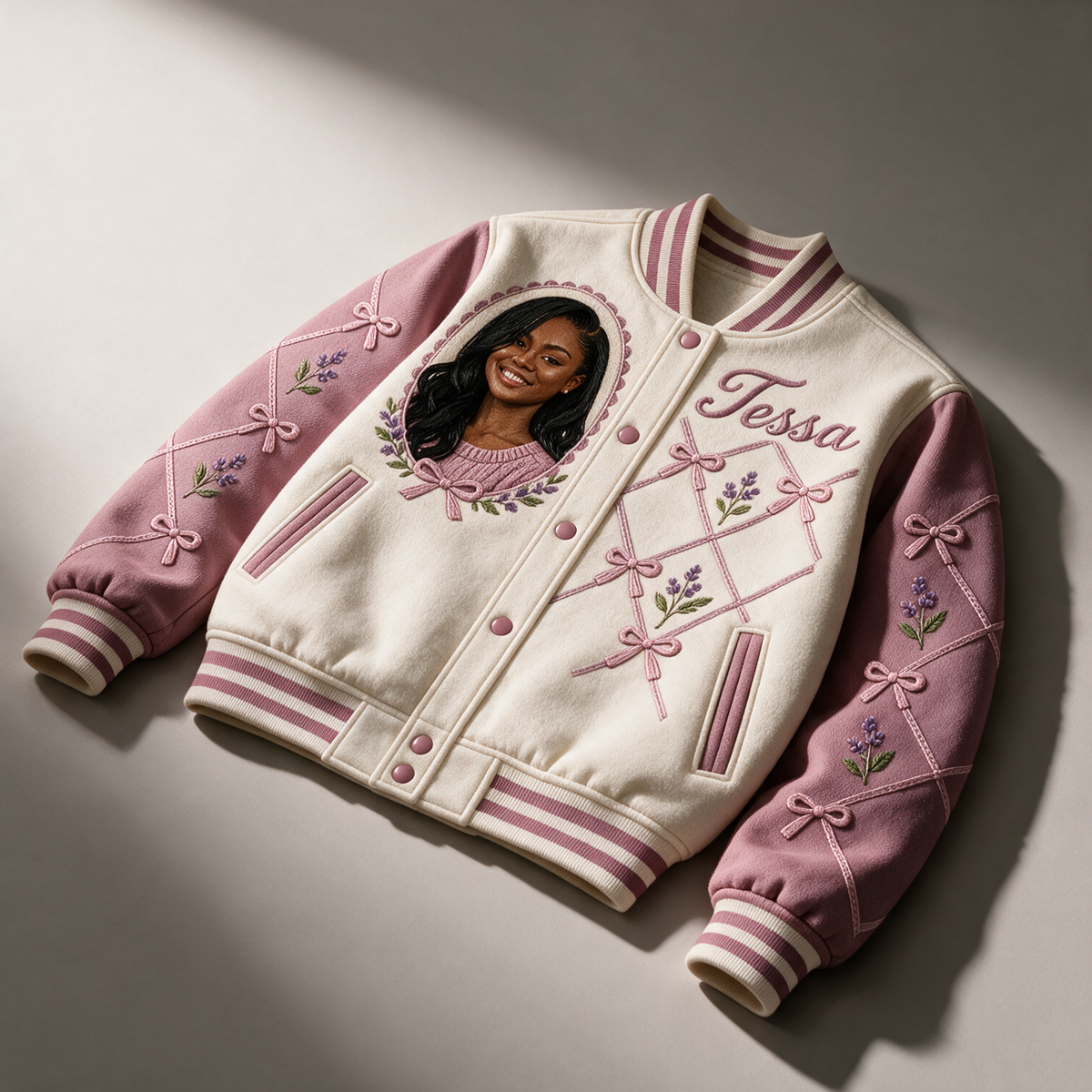 Personalized Birthday Varsity Jacket - Bow Lattice Portrait and Name