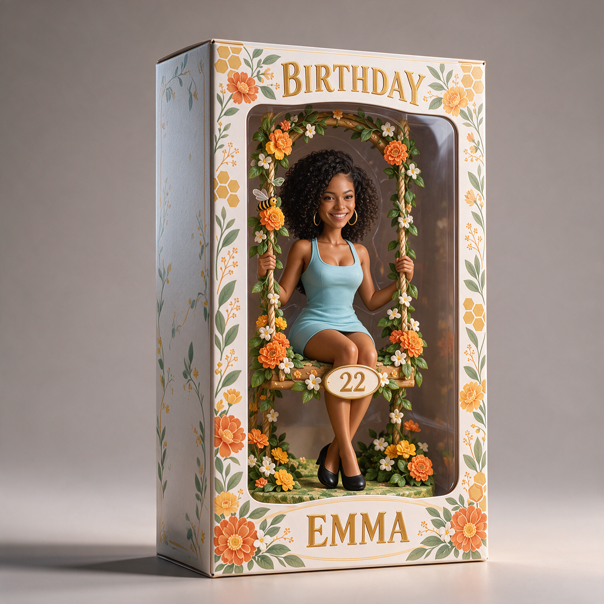 Personalized Floral Swing Display Box - Birthday Portrait Figurine with Name and Age