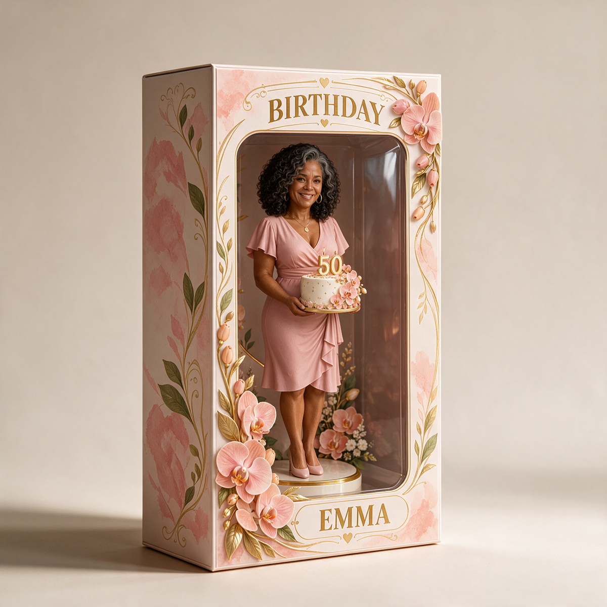 Personalized Custom Photo Peach Orchid Figurine in Acrylic Display Box - 50th Birthday Gift for Women