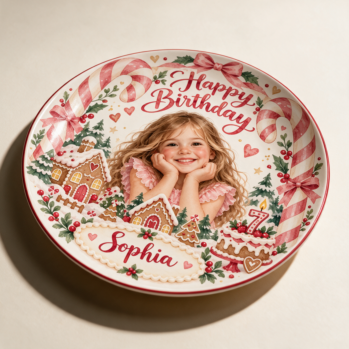 Personalized Christmas Ceramic Plate - Birthday Watercolor Portrait, Gingerbread and Candy Canes