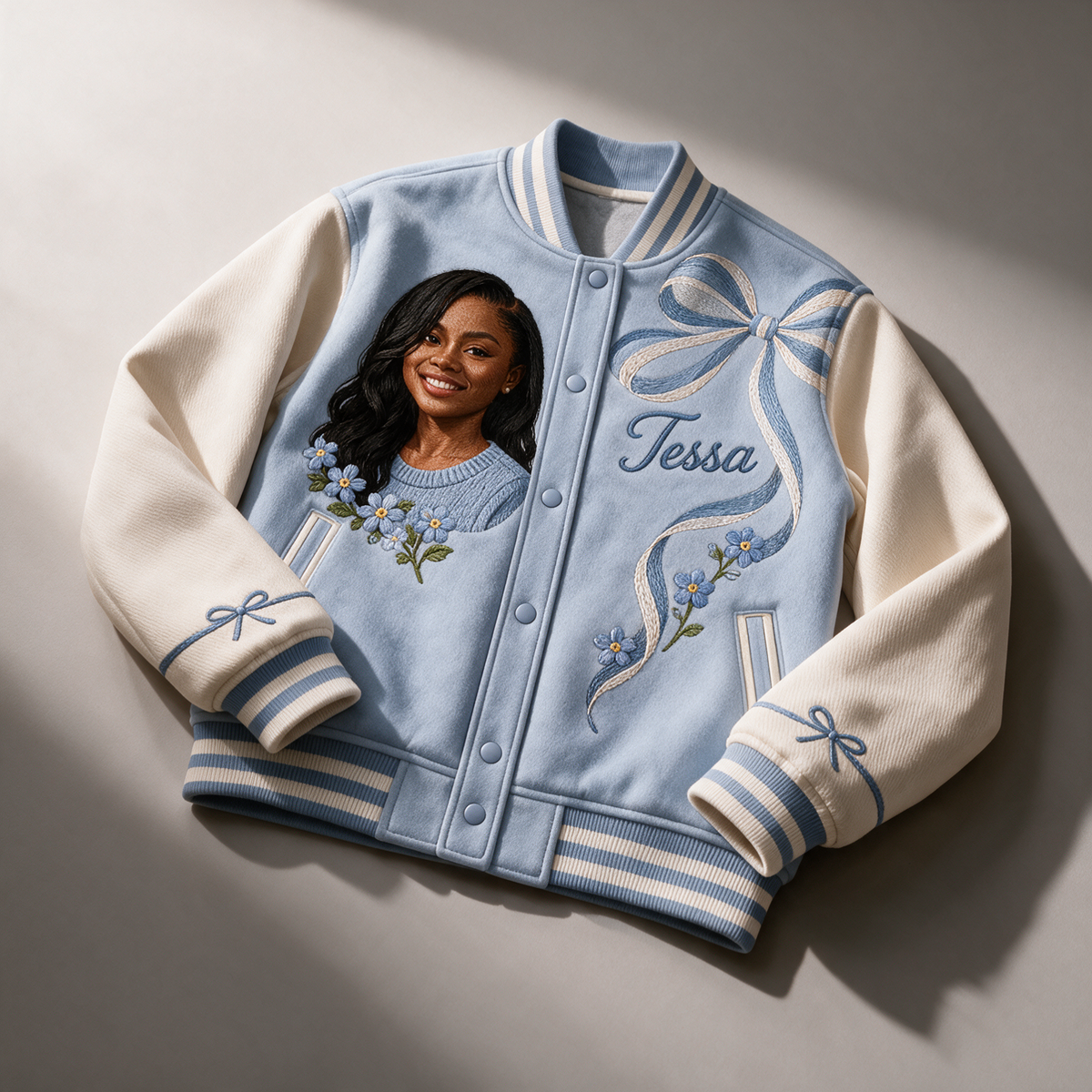 Veste Varsity Personnalisée Bleu avec Nœud - Cadeau d'Anniversaire Femme