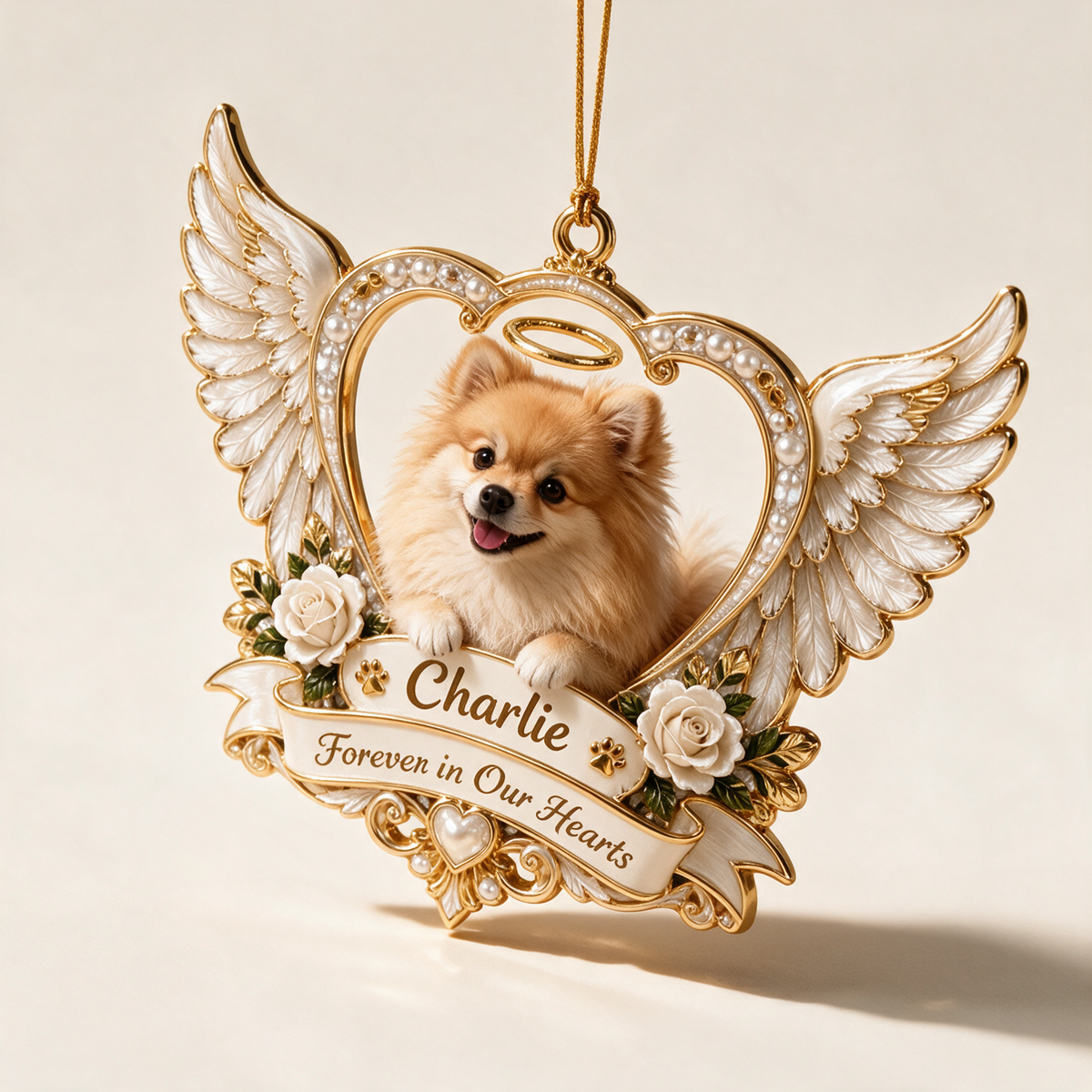 Personalized Custom Photo Pomeranian Memorial 3D Angel Wings Heart Ornament - Christmas Dog Lover Gift