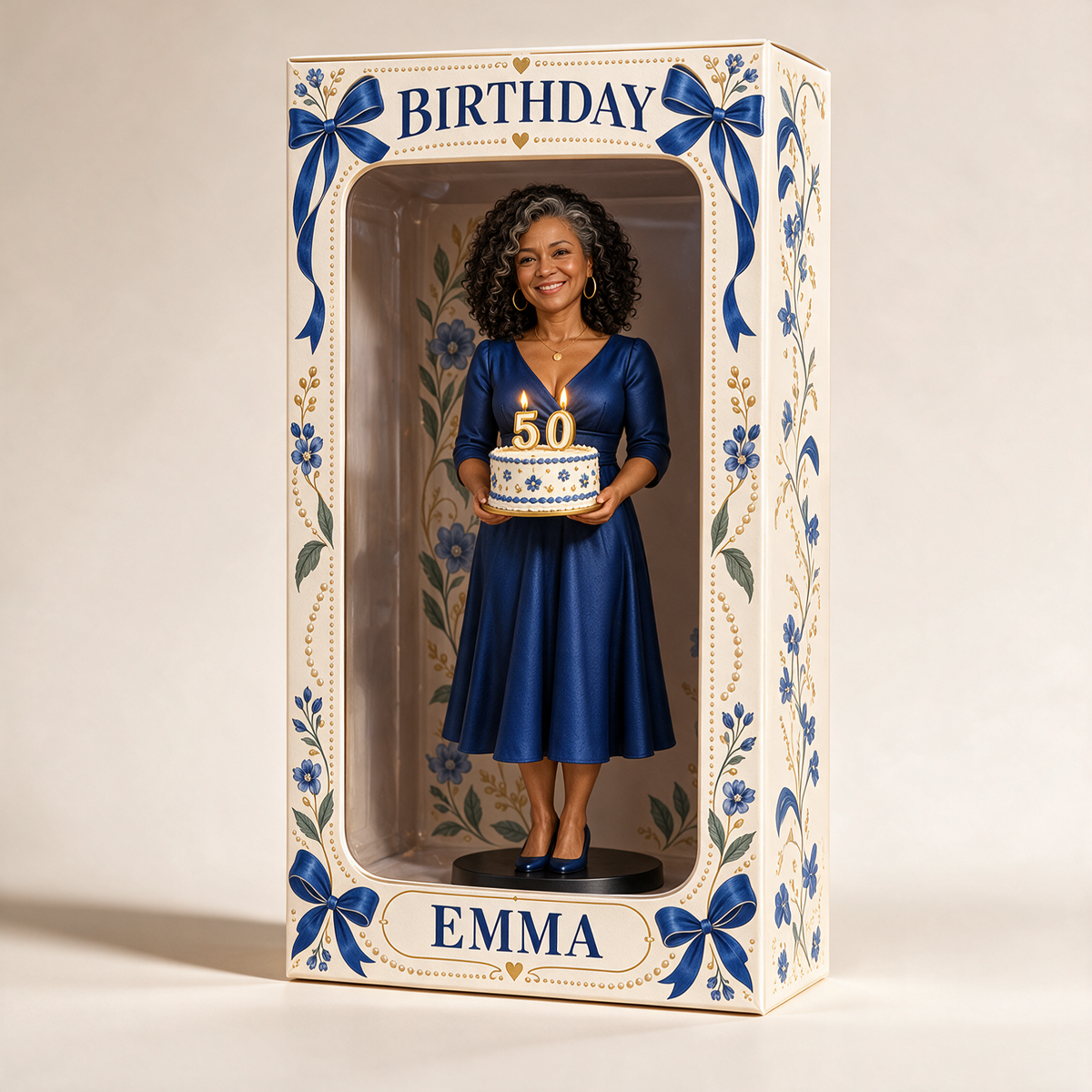 Boîte d'affichage figurine en ruban bleu photo personnalisée - Cadeau d'anniversaire pour femmes de 50 ans