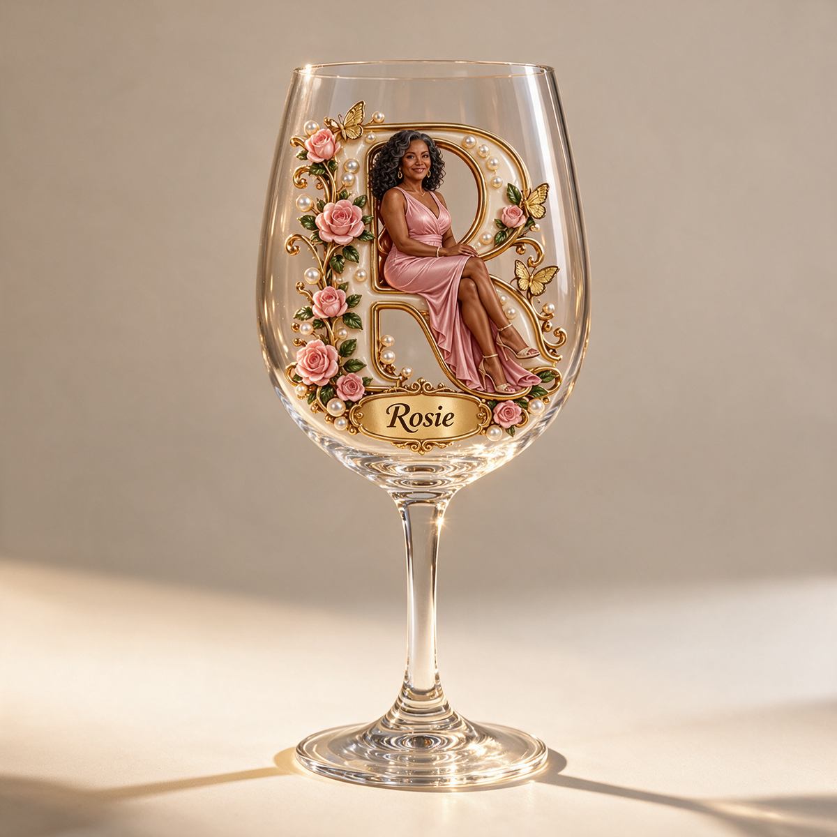Personalized Custom Photo Rose and Butterfly Wine Glass - Gift for Older Women