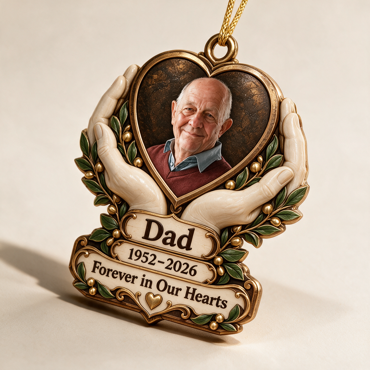 Personalized Custom Photo Dad Memorial Hands Holding Heart 3D Ornament - Christmas Remembrance Keepsake