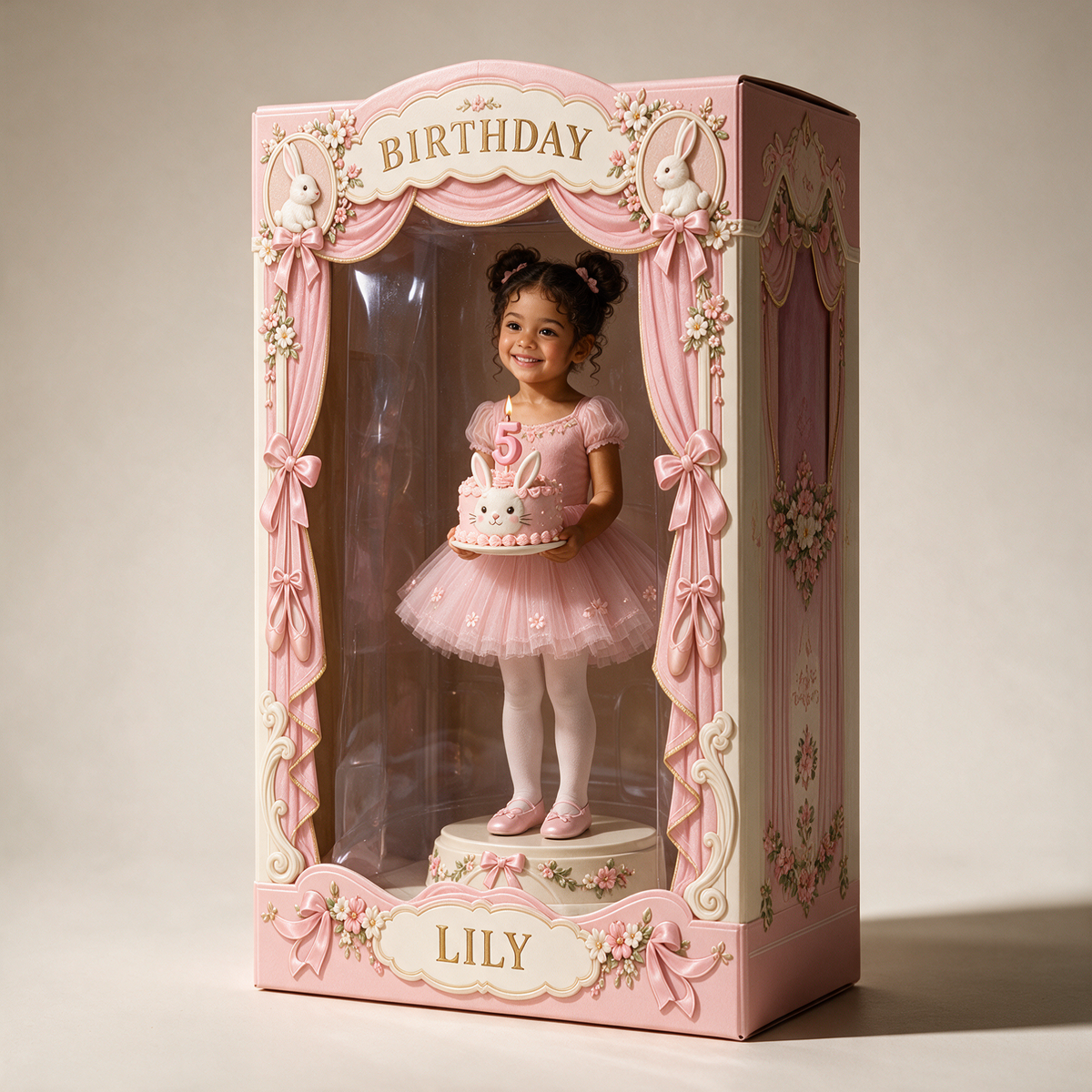 Personalized Custom Photo Bunny Acrylic Display Box - 5th Birthday Gift for Girls