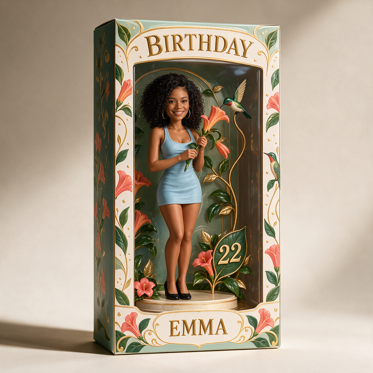 Personalized Birthday Display Box - Portrait Figurine with Hummingbird, Name and Age