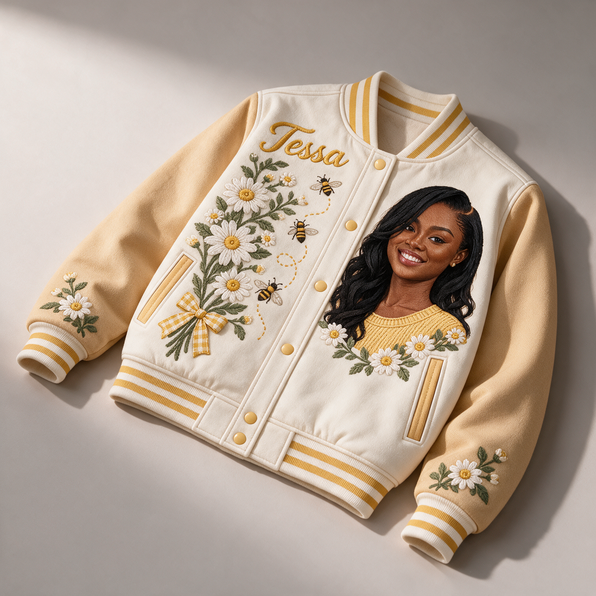 Personalized Daisy Bee Varsity Jacket - Women's Embroidered Portrait and Name