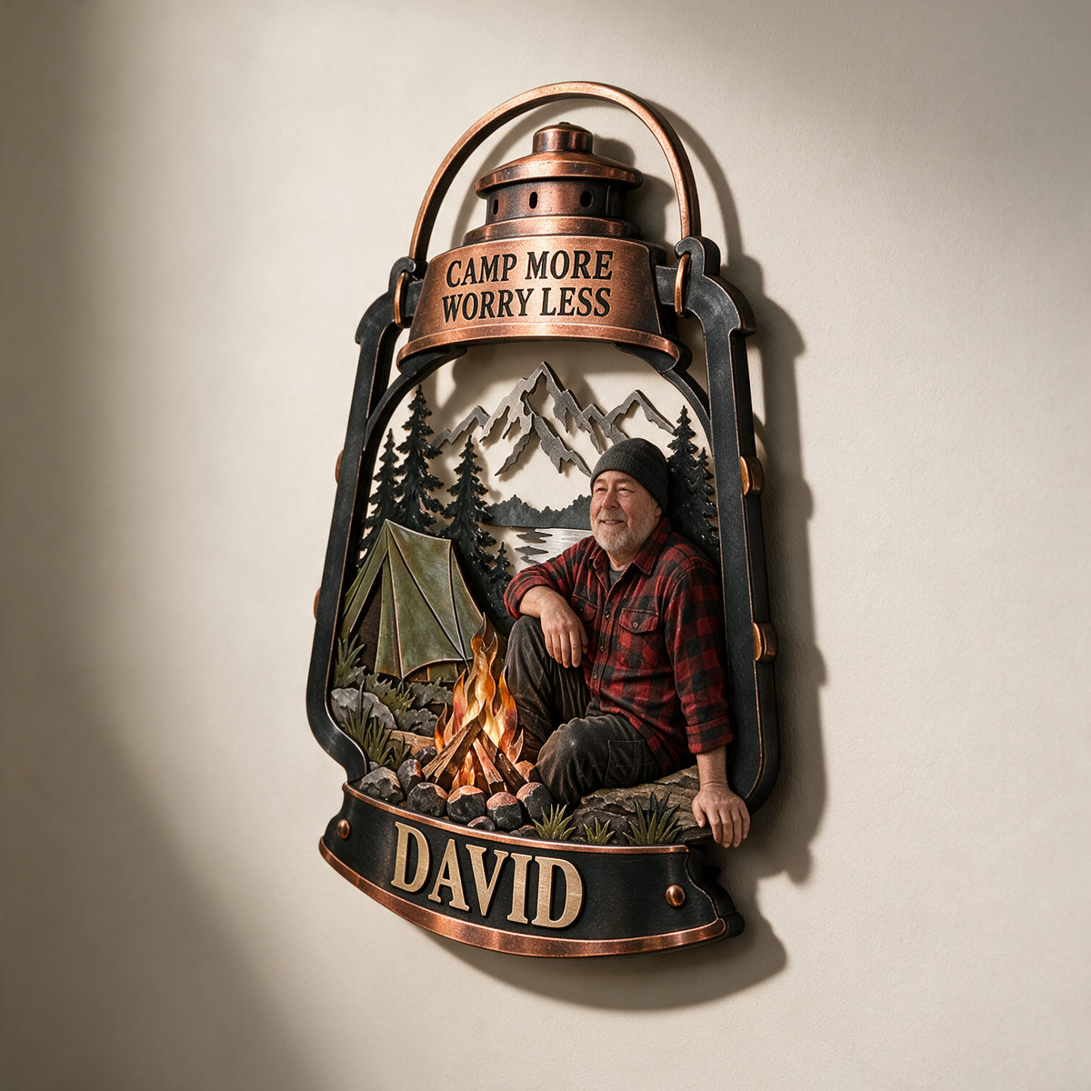 Personalized Camping Metal Wall Art - Custom Portrait and Name, Cabin Wall Decor