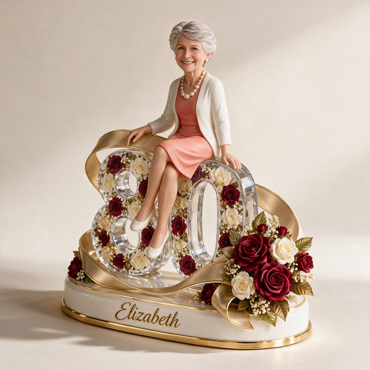 Figurine d'anniversaire personnalisée - Portrait sur mesure, cadeau souvenir en rose et ruban