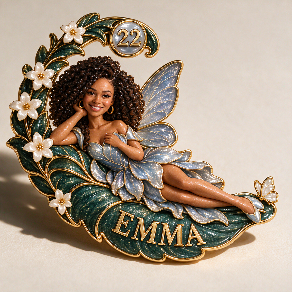 Personalized Reclining Fairy Brooch - Birthday Gift with Custom Photo, Name and Age, Crescent Fern Leaf