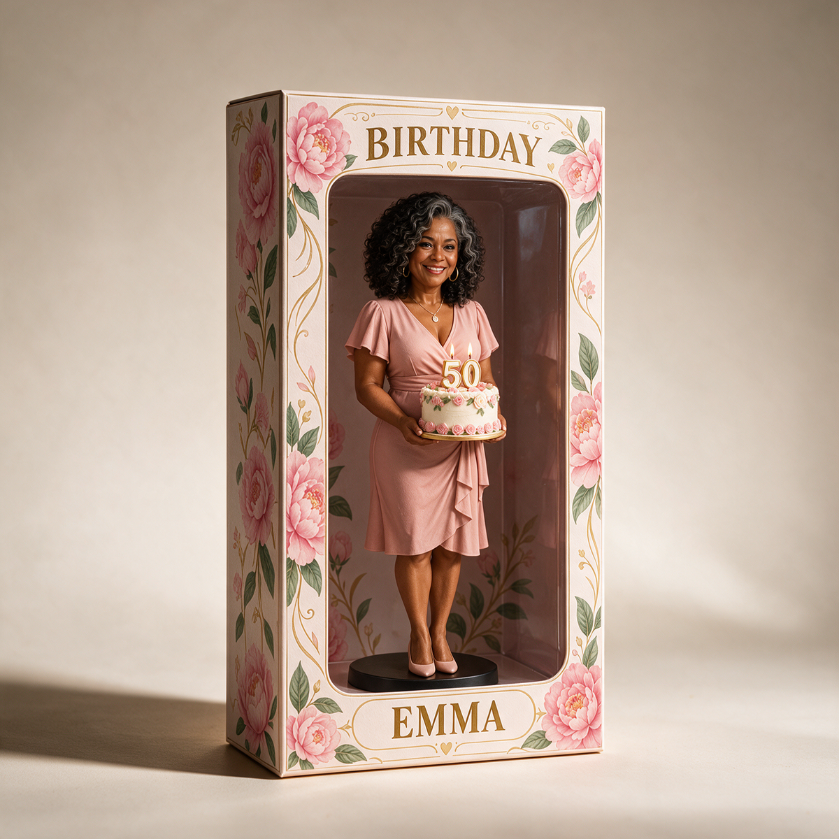 Boîte d'affichage figurine photo personnalisée Pivoine Rose - Cadeau d'anniversaire pour femmes
