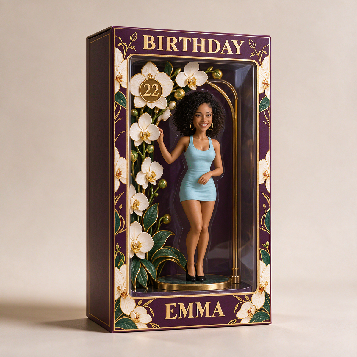 Personalized Orchid Birthday Display Box - Photo Portrait Figurine with Name and Age