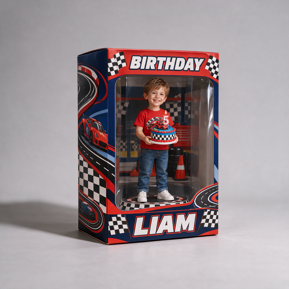 Boîte d'affichage acrylique personnalisée avec photo de voiture de course - Cadeau d'anniversaire pour garçon de 5 ans