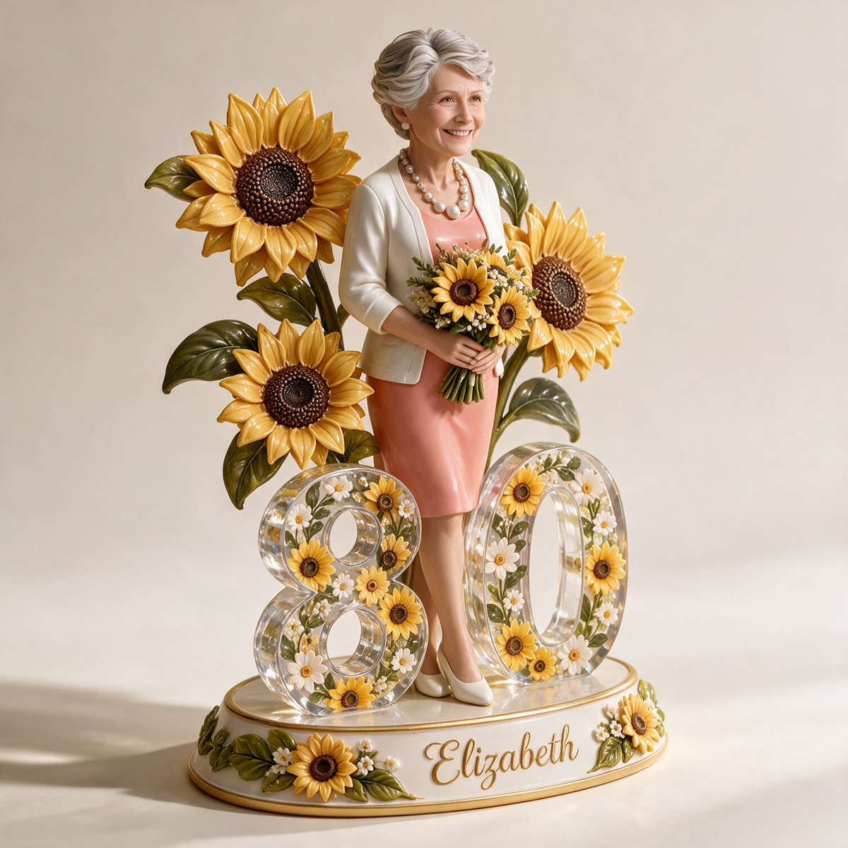 Personalized Birthday Figurine - Custom Portrait, Sunflower Keepsake Gift