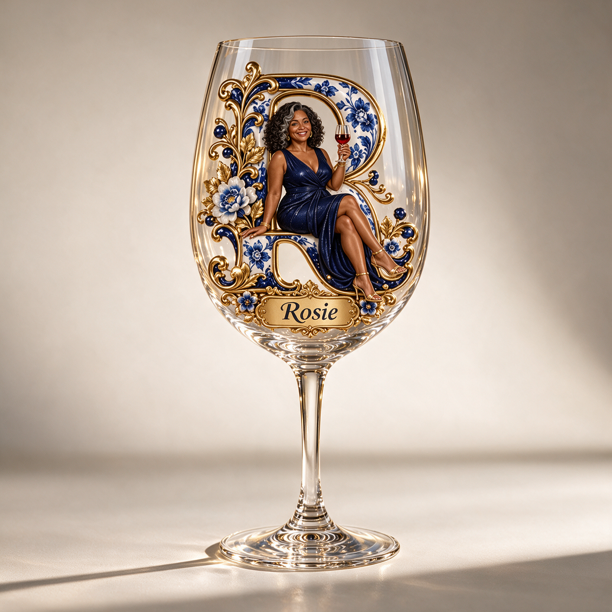 Personalized Custom Photo Blue Floral Wine Glass - Gift for Older Women