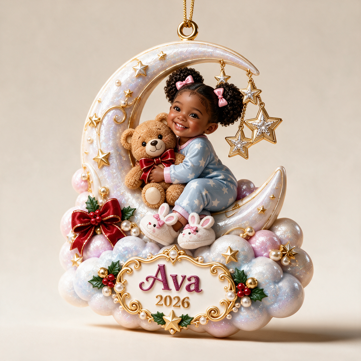 Personalized Custom Photo Crescent Moon and Teddy Bear 3D Ornament - 2026 Christmas Gift for Little Girls