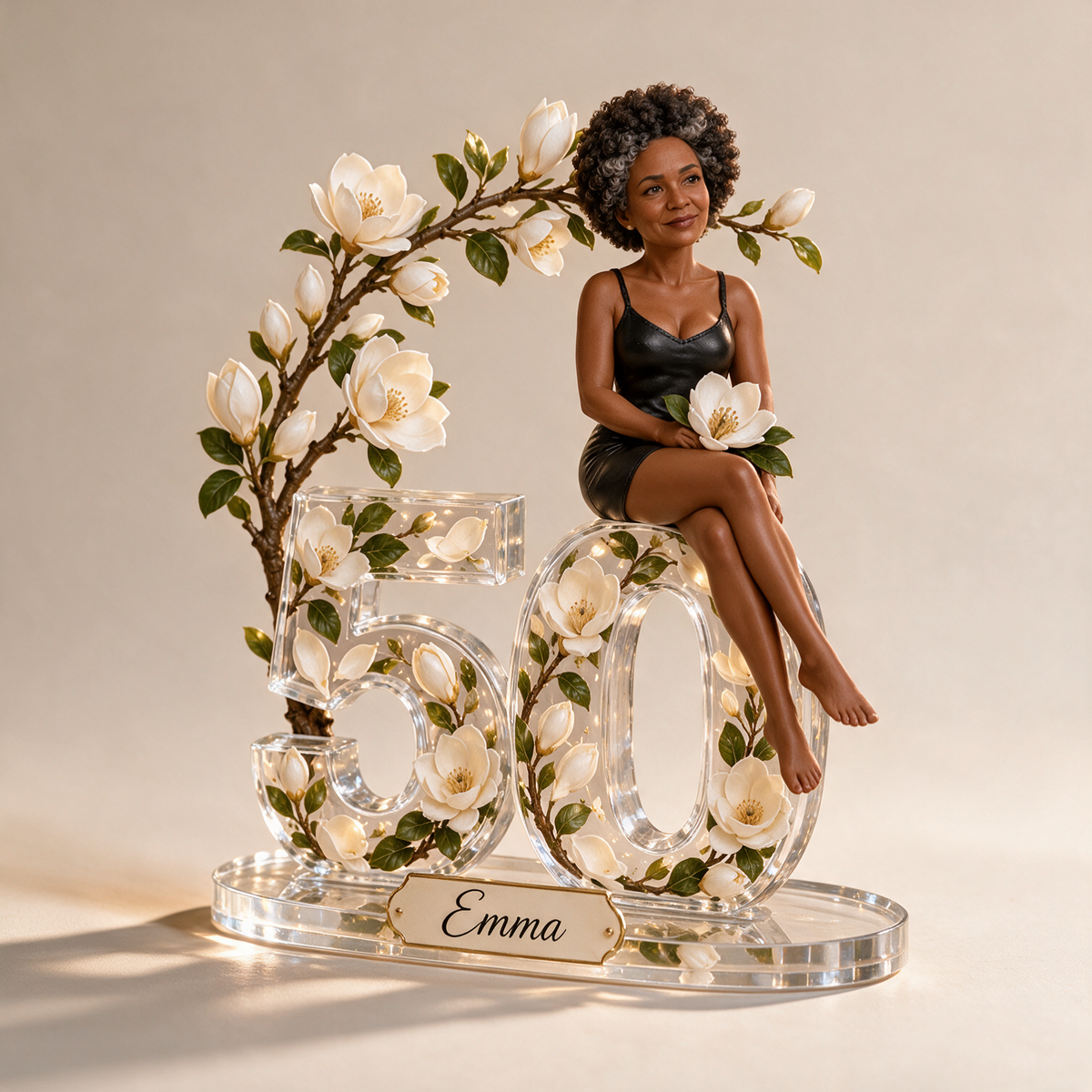 Plaque Acrylique Personnalisée en Forme de Magnolia - Cadeau d'Anniversaire des 50 Ans pour Femmes