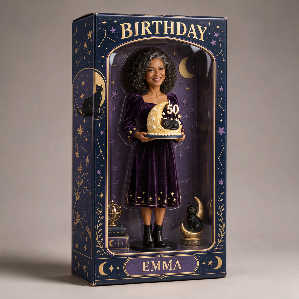 Personalized Witch Acrylic Display Box - Celestial Black Cat Birthday Figurine Gift