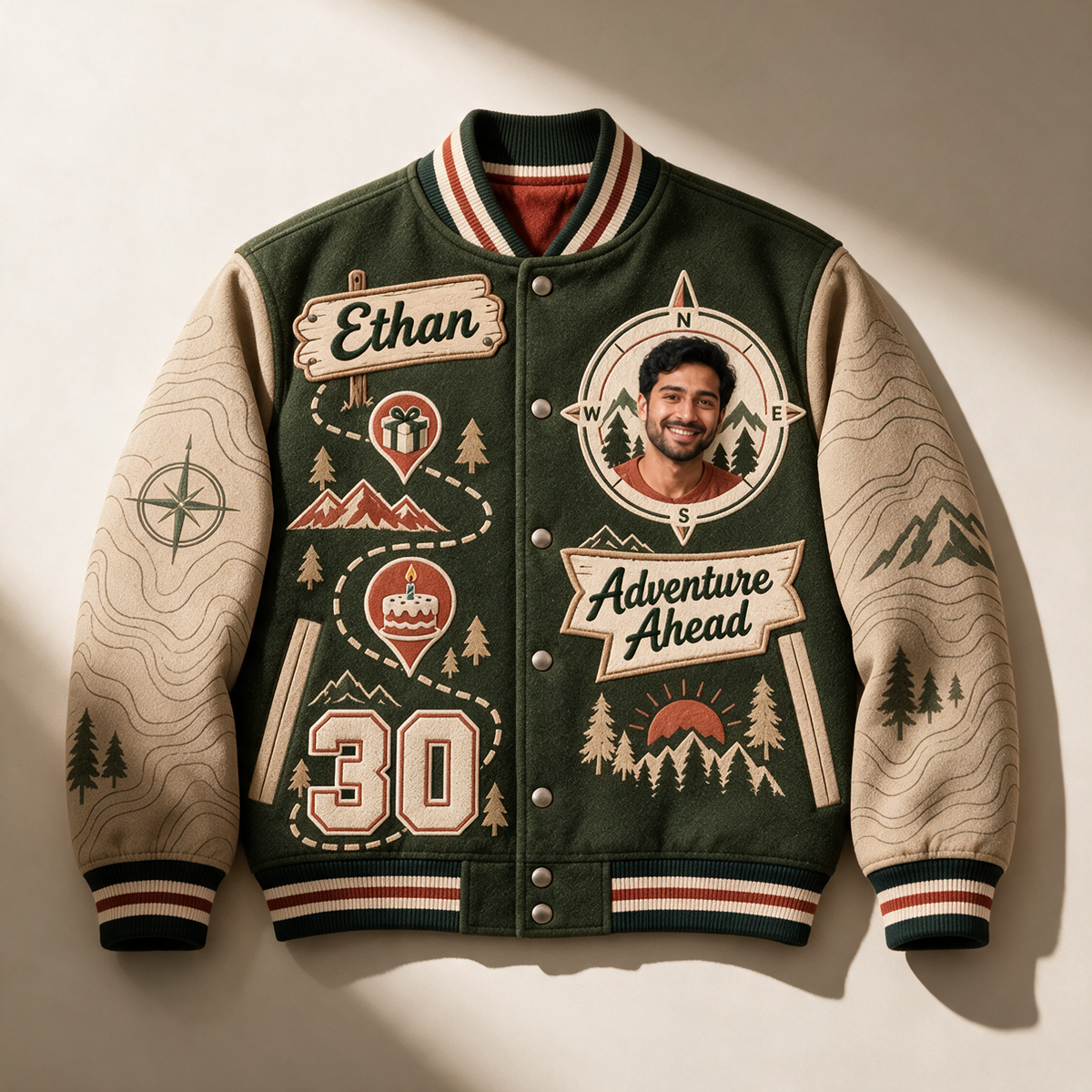 Personalized Birthday Varsity Jacket - Men's Compass Photo & Trail Design