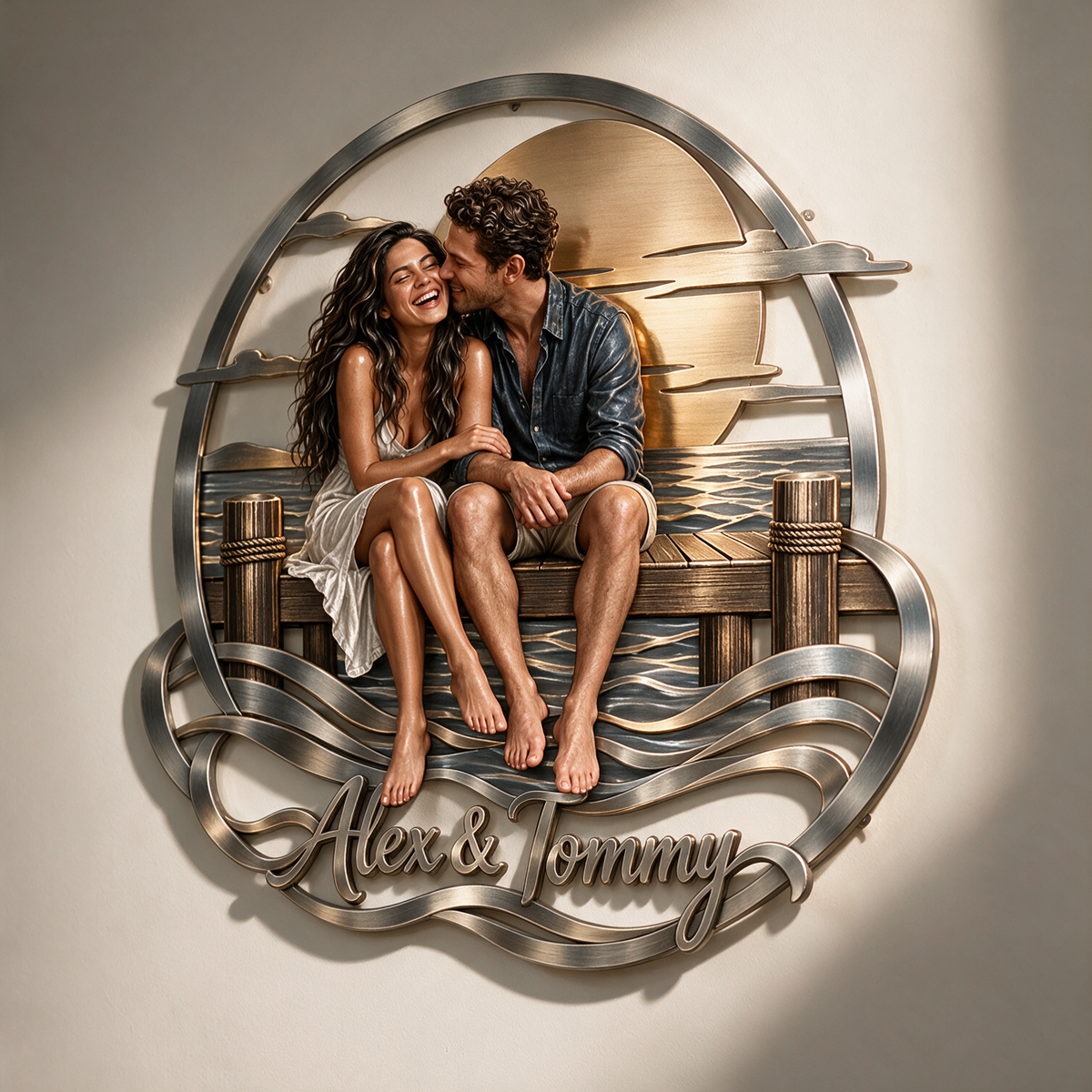 Personalized Custom Photo Sunset Pier 3D Metal Wall Art - Gift for Couples