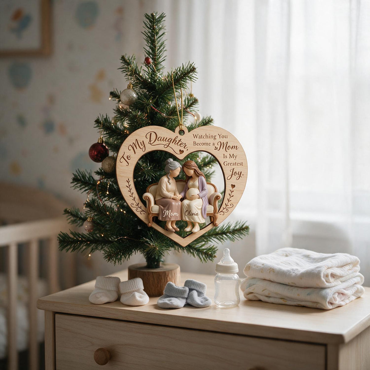 Personalized Christmas Mom & Expecting Daughter Heart Wooden Ornament New Mom Keepsake Gift