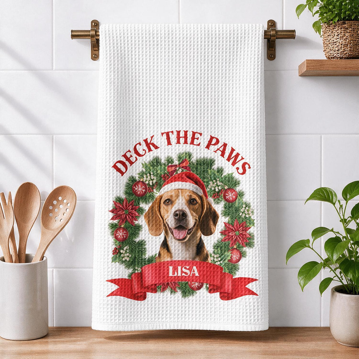 Torchon de Cuisine Beagle de Noël Personnalisé - Cadeau de Fête pour Maman Chien