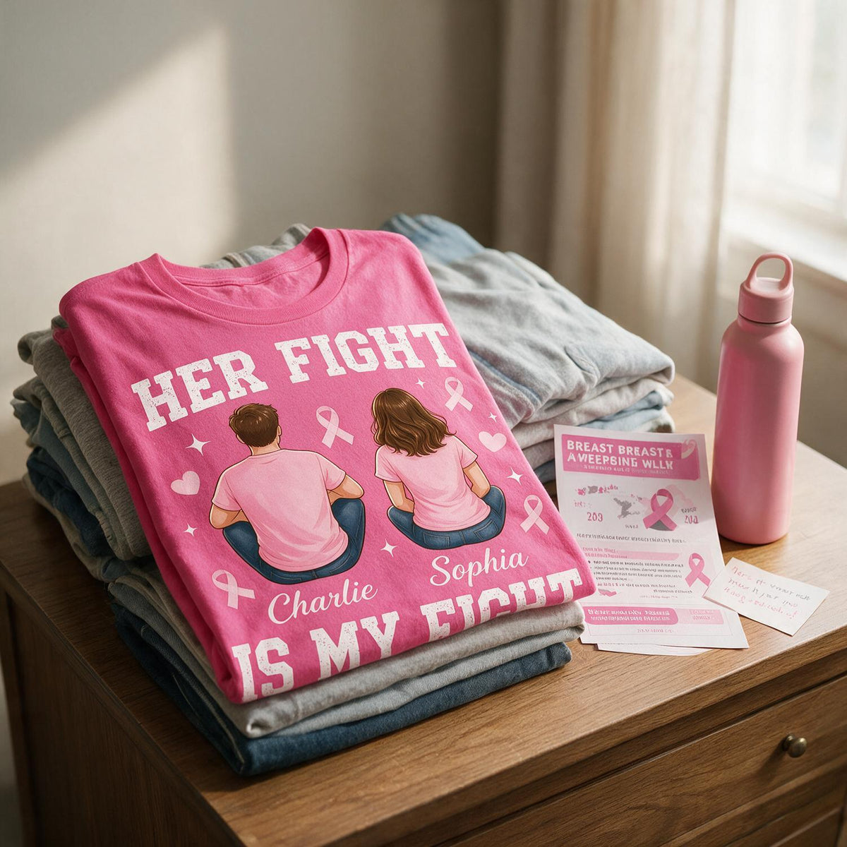 T-shirt Couple Personnalisé pour la Sensibilisation au Cancer du Sein - Son Combat est Mon Combat