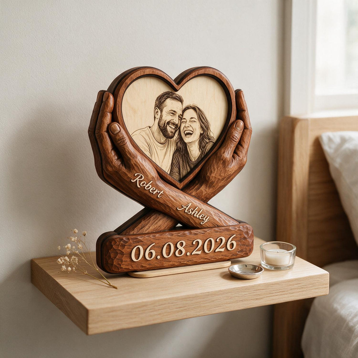 Croquis Photo Couple Personnalisé - Plaque en Bois à 2 Couches - Cadeau d'Anniversaire