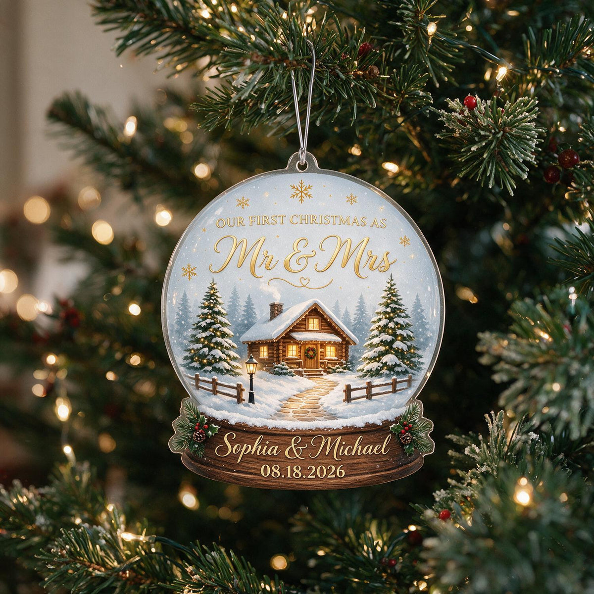 Personalized First Christmas Mr & Mrs Snow Globe Cabin Acrylic Ornament Newlywed Gift