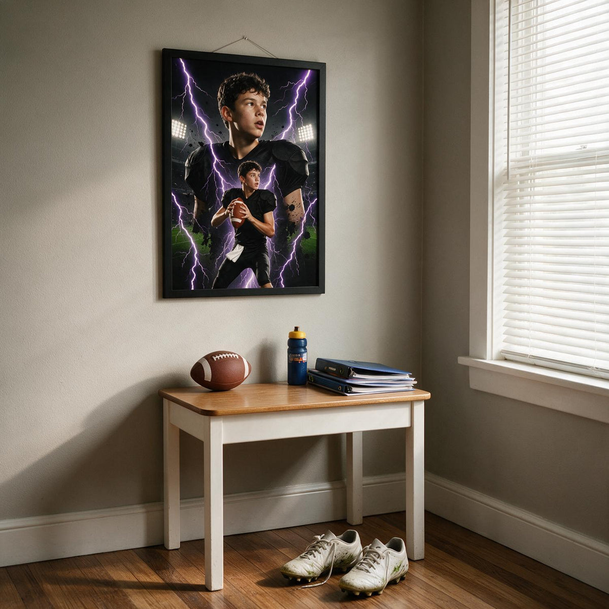 Custom Photo Teen Football Player Lightning Bootleg Poster - Young Athlete Gift