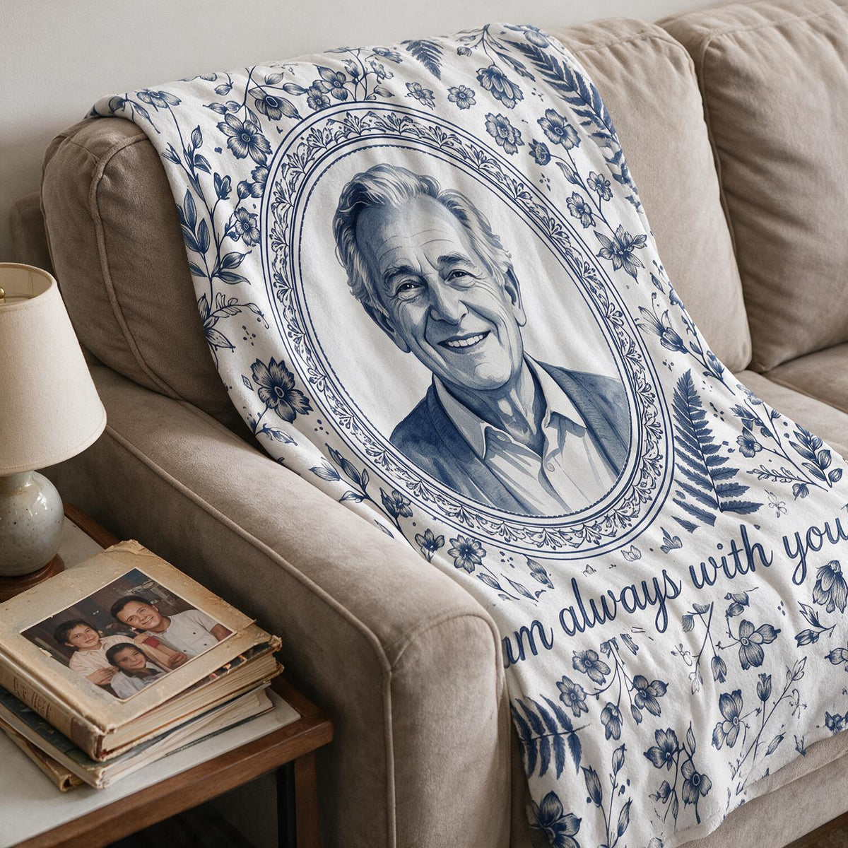Couverture Portrait Aquarelle Toile Bleue Personnalisée - Cadeau de Sympathie