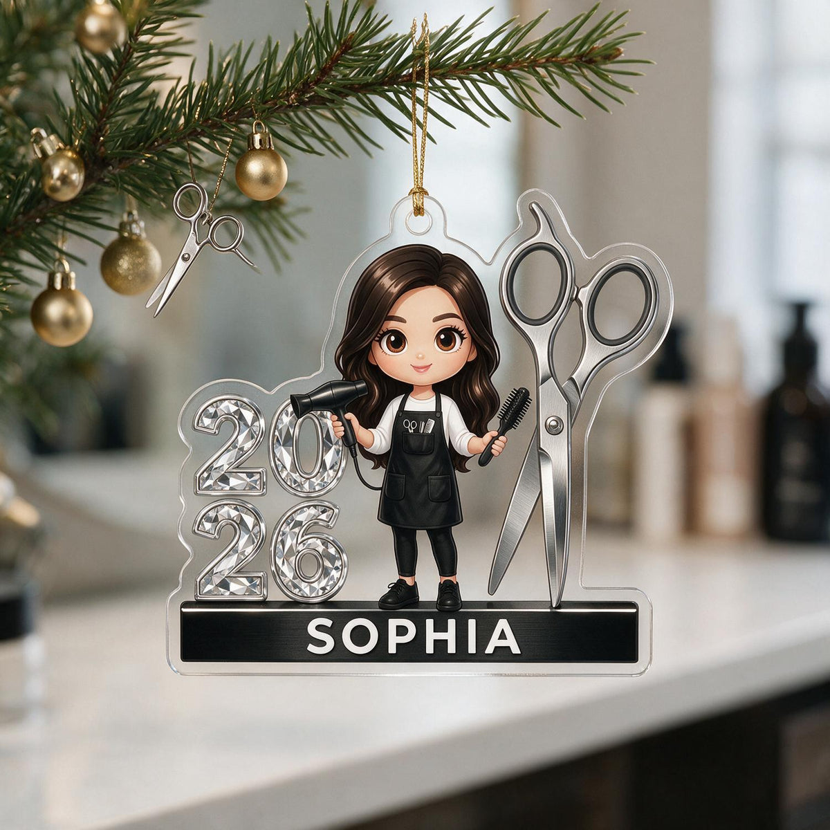 Ornement Acrylique Personnalisé Coiffeuse 2026 - Cadeau de Noël pour Coiffeur