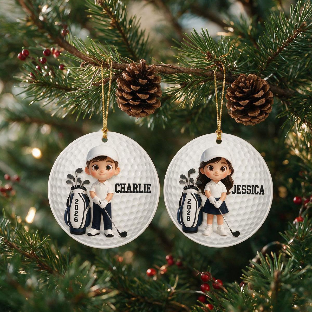 Personalized Christmas Cute Kid Golfer Golf Ball Shaped Acrylic Ornament, Golf Lover Gift