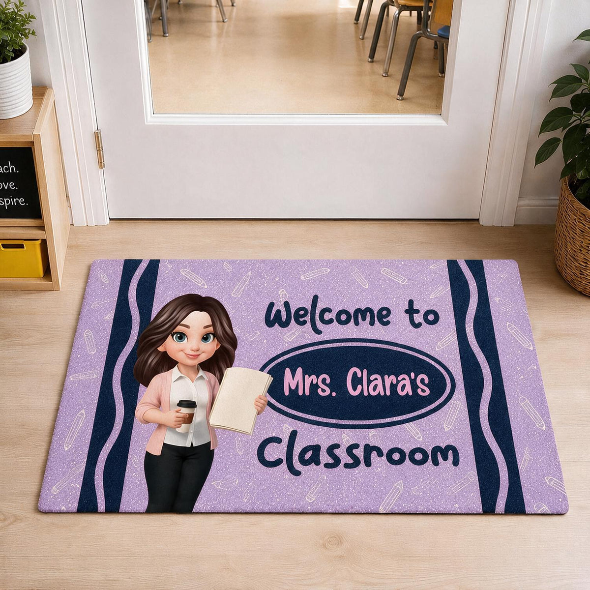 Personalized Back To School Teacher Purple Crayon Welcome Classroom Doormat, Custom Class Decor Gift