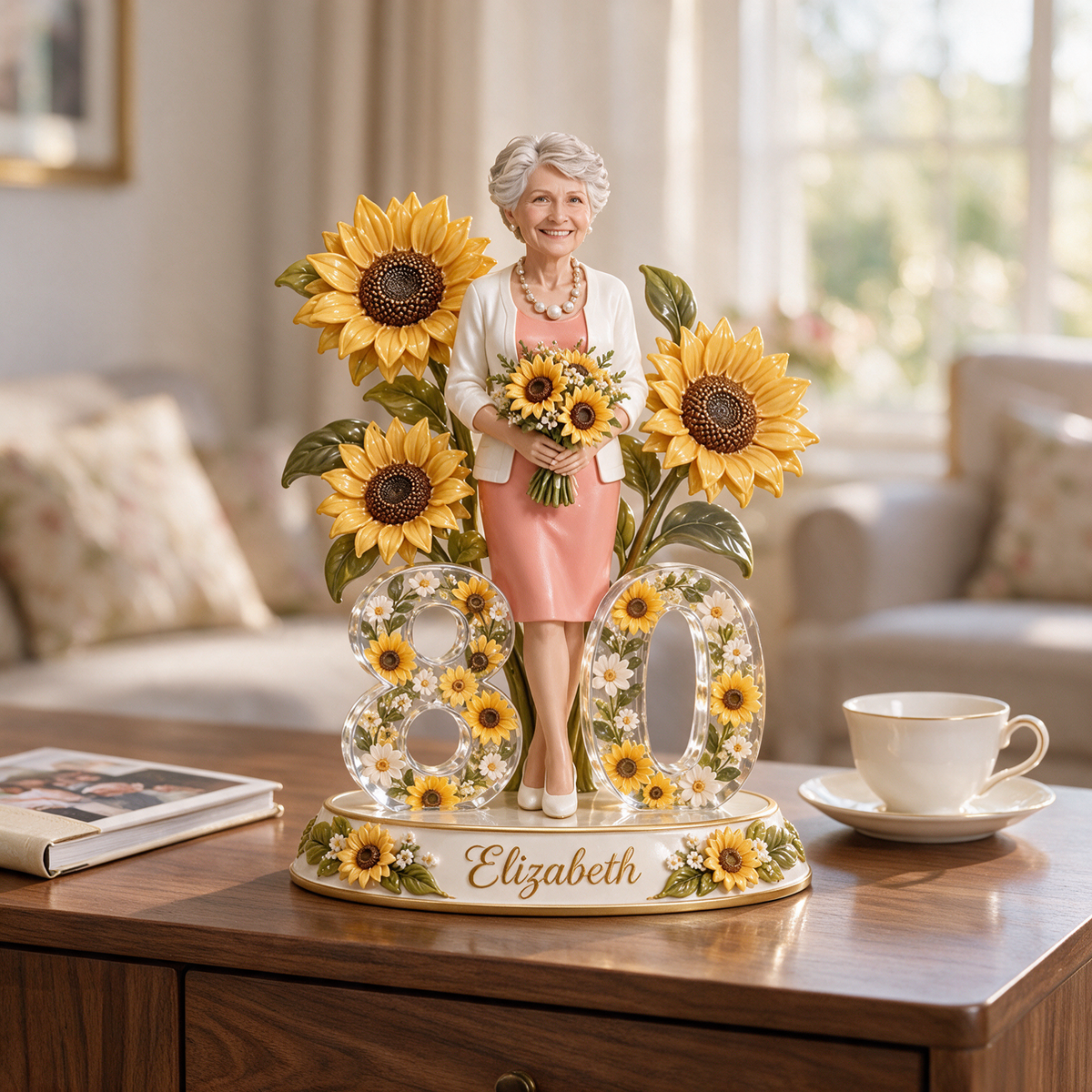 Personalized Birthday Figurine - Custom Portrait, Sunflower Keepsake Gift