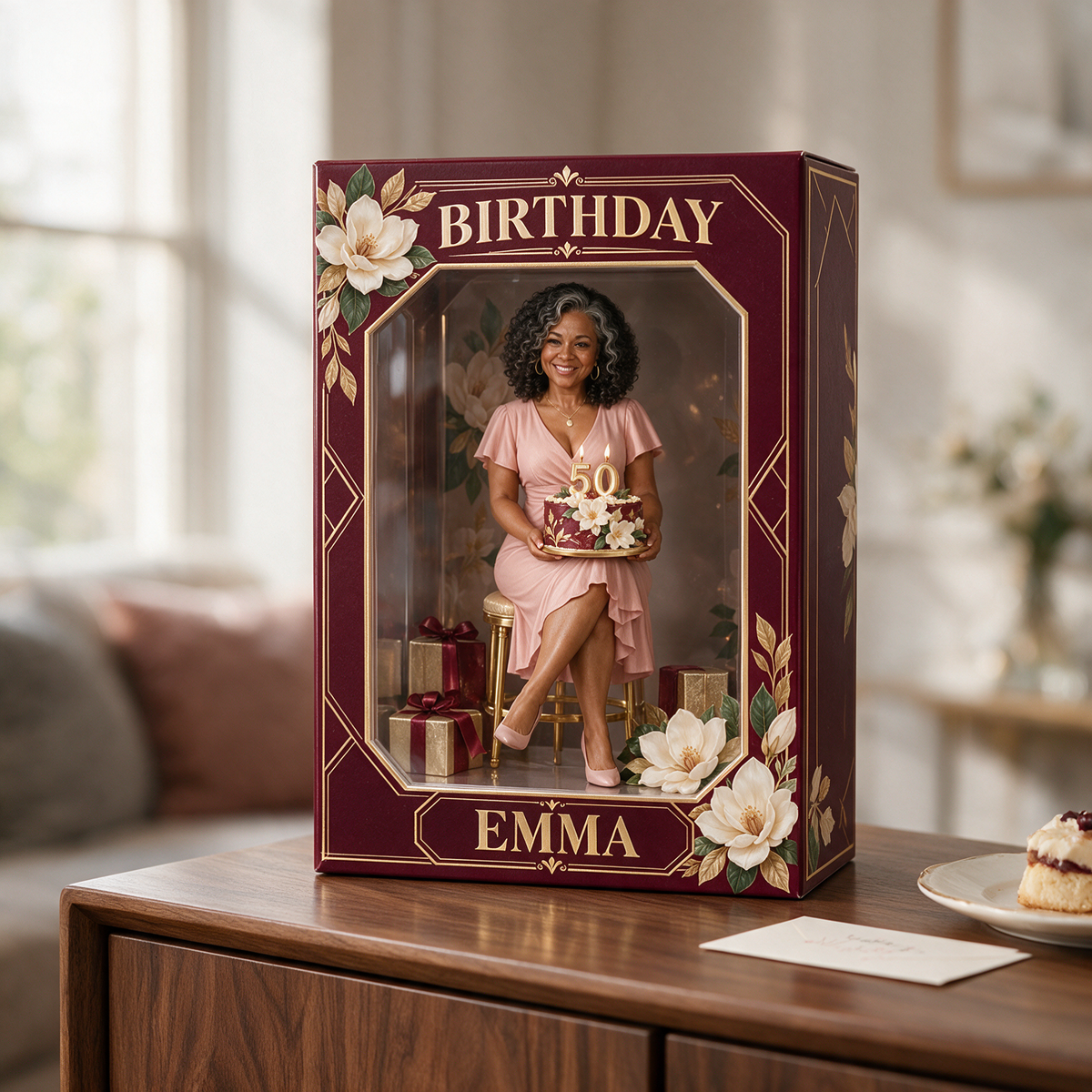 Personalized Custom Photo Magnolia Figurine in Acrylic Display Box - 50th Birthday Gift for Women