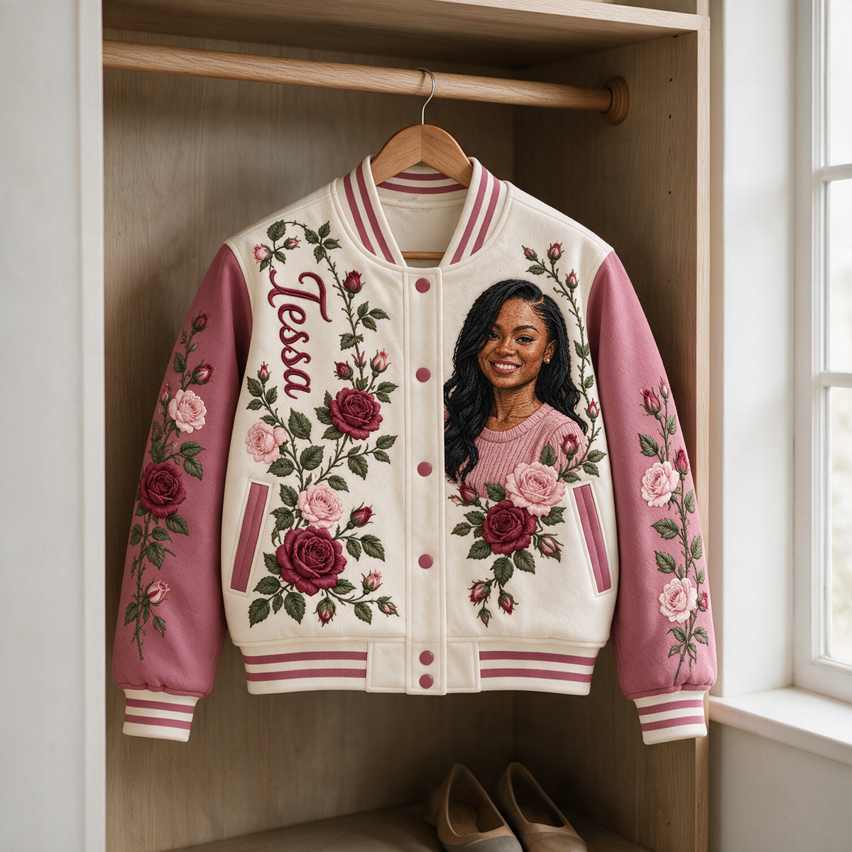 Personalized Rose Varsity Jacket - Women's Embroidered Portrait Design
