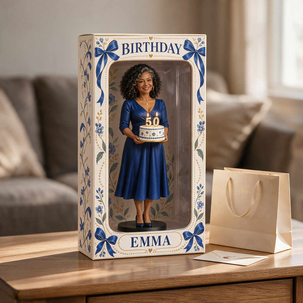 Boîte d'affichage figurine en ruban bleu photo personnalisée - Cadeau d'anniversaire pour femmes de 50 ans