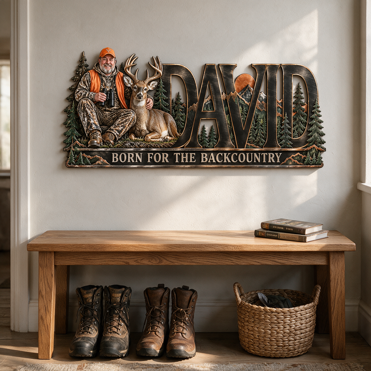 Personalized Hunting Metal Sign - Custom Photo and Name Wall Art with Forest and Mountain Design