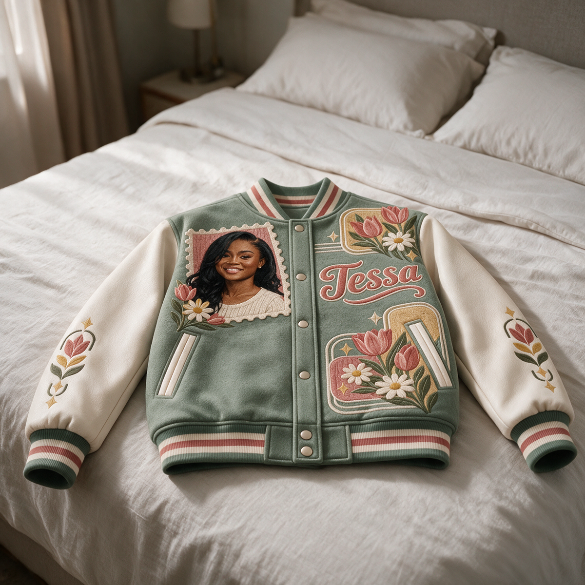 Personalized Birthday Varsity Jacket - Retro Floral Portrait and Name