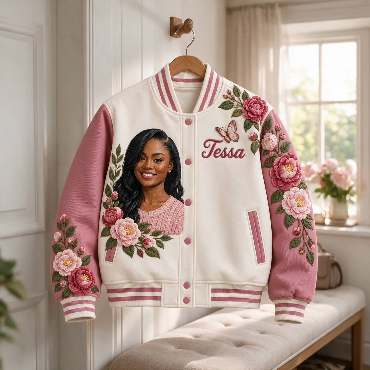 Personalized Camellia Varsity Jacket - Women's Embroidered Portrait and Name Design