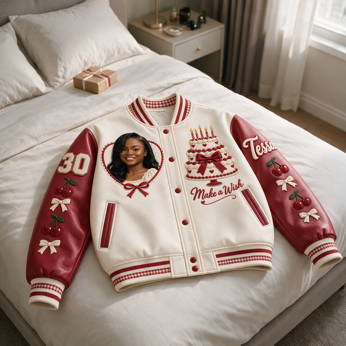 Personalized 30th Birthday Varsity Jacket - Cake, Cherries & Photo Portrait