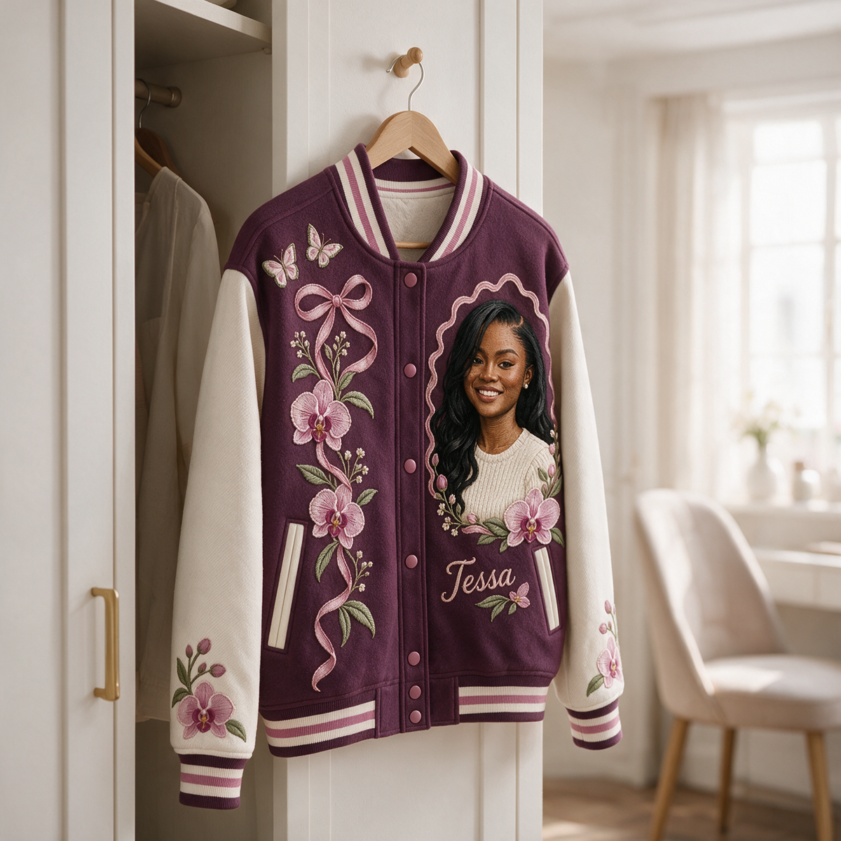 Personalized Orchid Butterfly Varsity Jacket - Women's Birthday Gift with Portrait and Name