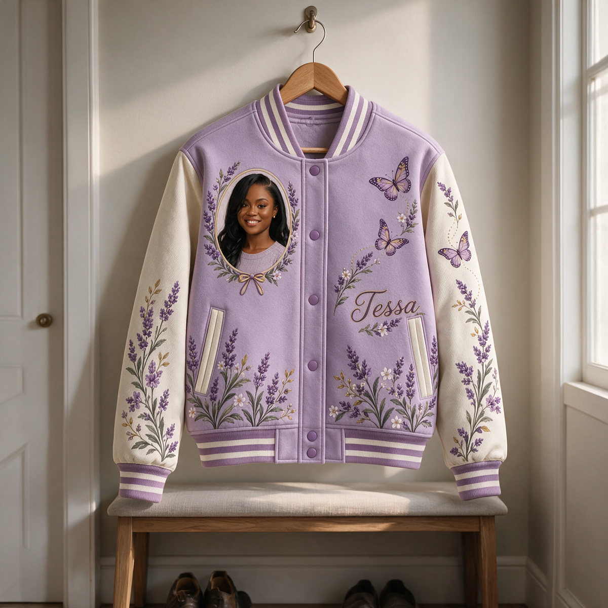 Personalized Butterfly Varsity Jacket - Women's Lavender Portrait Design