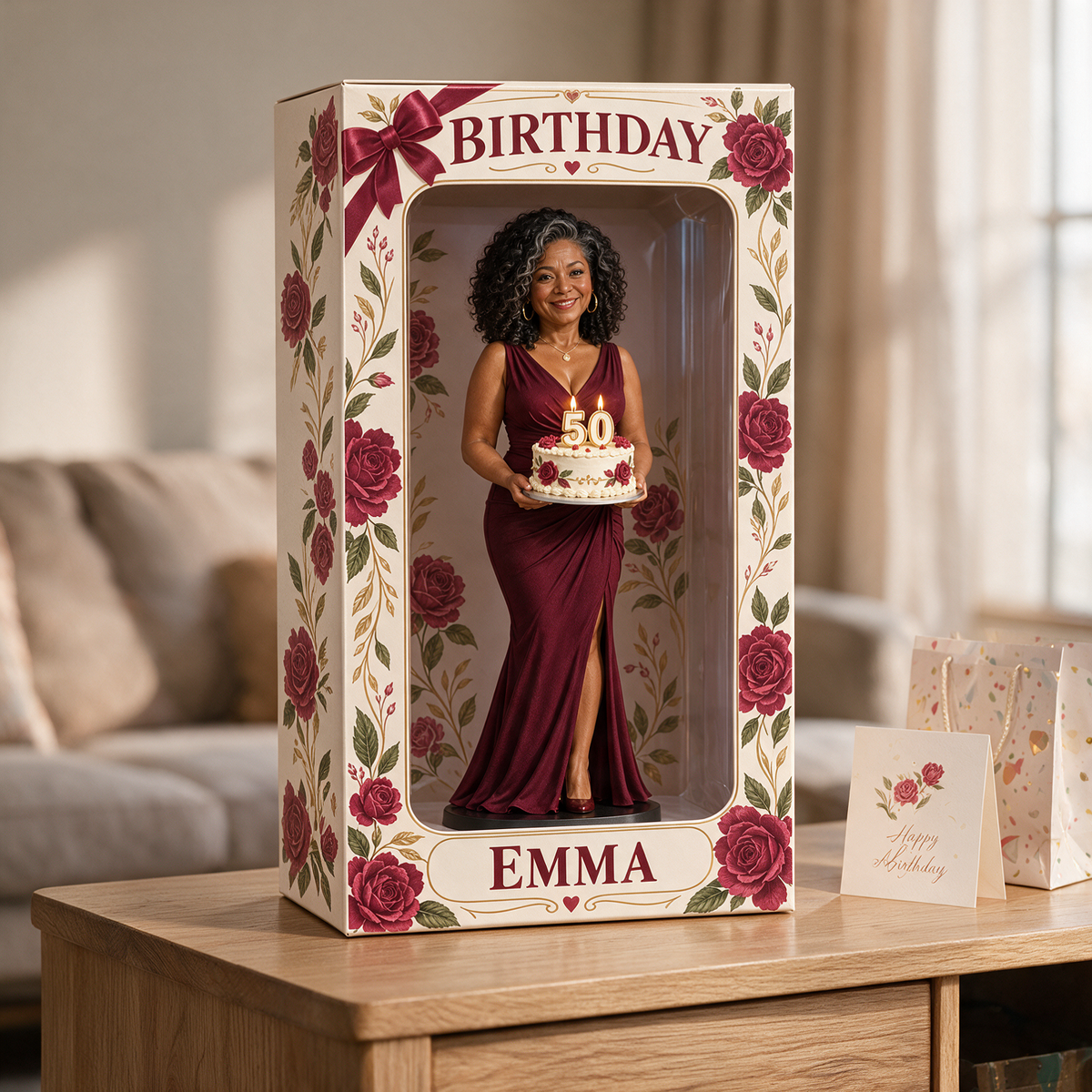 Boîte d'affichage en figurine de rose rouge personnalisée - Cadeau d'anniversaire pour femmes